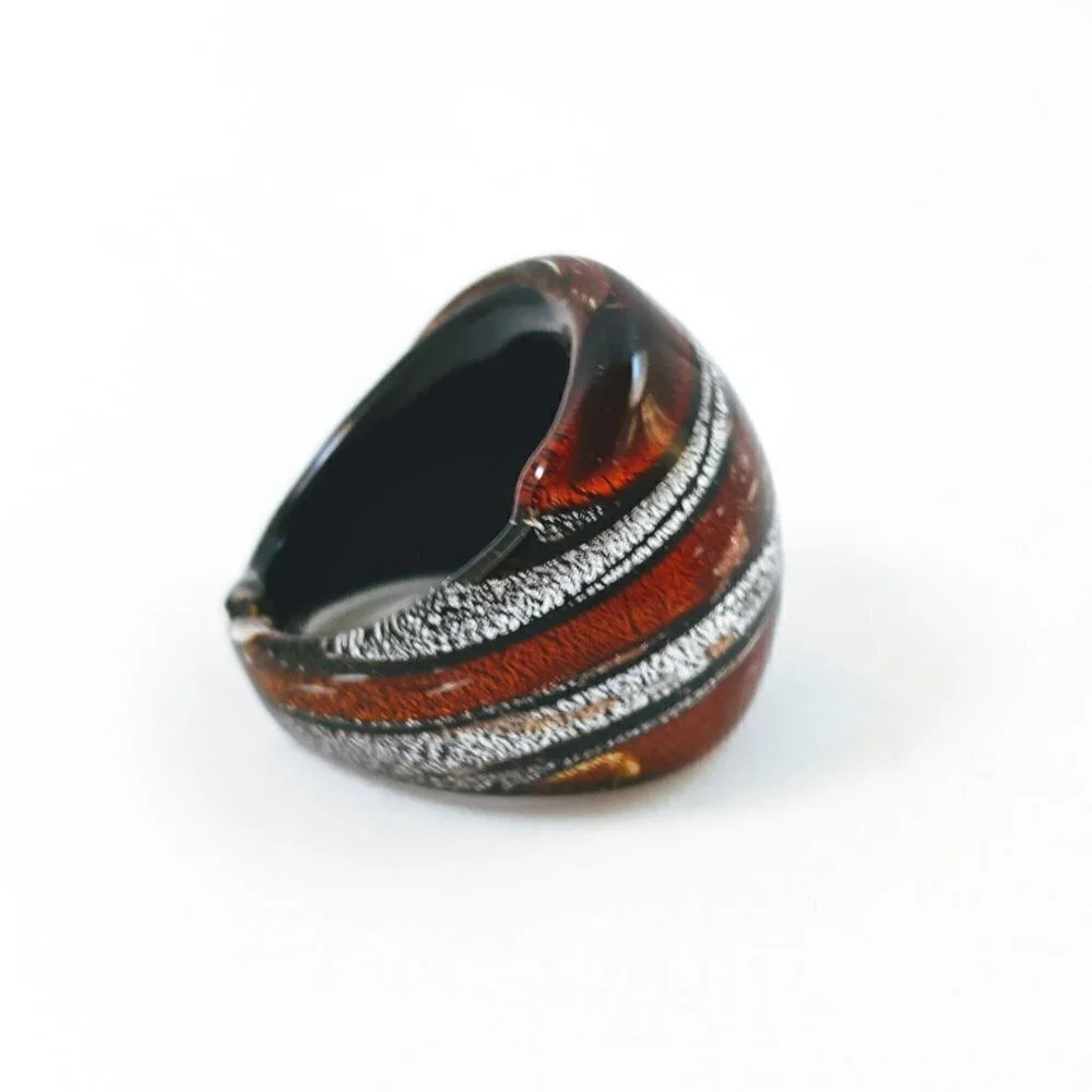Vintage Brown Silver & Black Stripes Art Glass Domed Shimmery Wide Chunky Ring